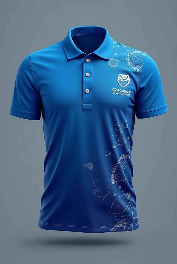 Create a front and back mockup organization color gradient blue polo shirt and design with elements relating to sciences example is human organs or molecules the left side of chest is the place where to place the logo of organization called “Circulo Agham”