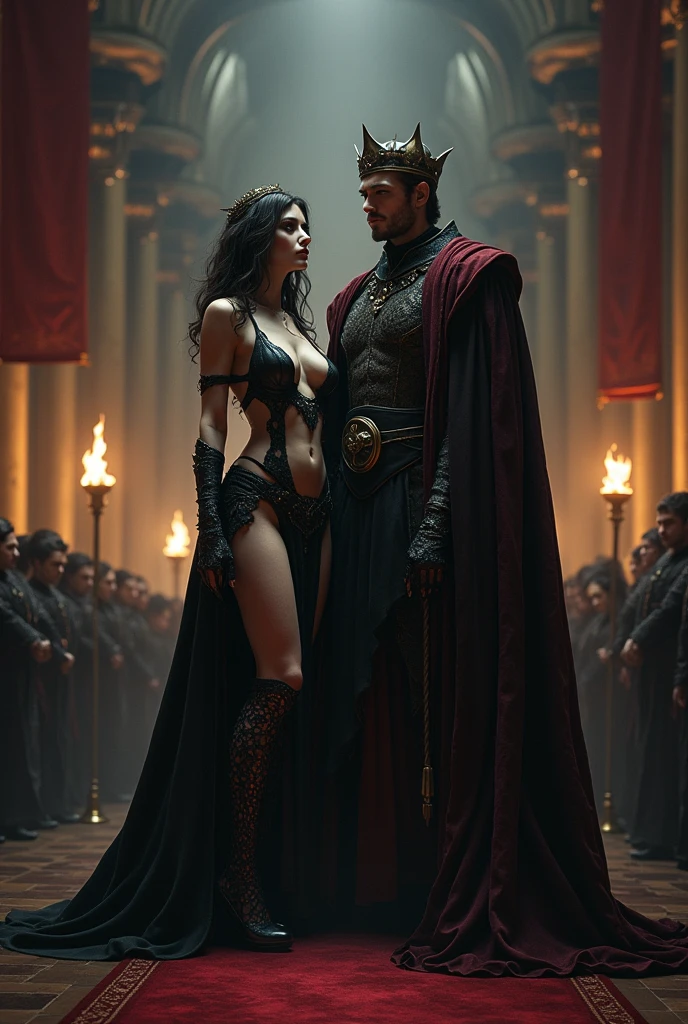 Lady Seraphina d’Aurelis, now transformed into a darker version of herself, stands beside Grim Havel during his coronation as the new king of her land. Seraphina's appearance has changed to reflect her new role—her is now very seductive and provocative, consisting of only loincloth and revealing gown in dark color symbolizing her acceptance of the dark path she has taken. her body now more curvaceous and sexually attractive.  Her once soft and gentle features now carry a cold, calculating expression, mirroring Havel's own. Her eyes, once filled with defiance and fear, now hold a sharp, steely resolve as she gazes upon the crowd. Havel, clad in regal black and crimson robes with a crown upon his head, exudes power and dominance as he accepts the throne. The background depicts a grand, shadowy throne room, filled with dark banners and flickering torches, emphasizing the foreboding atmosphere of the moment. The depiction should capture the dark fantasy Renaissance Era style, highlighting the sinister union of Seraphina and Havel as they claim the throne together.