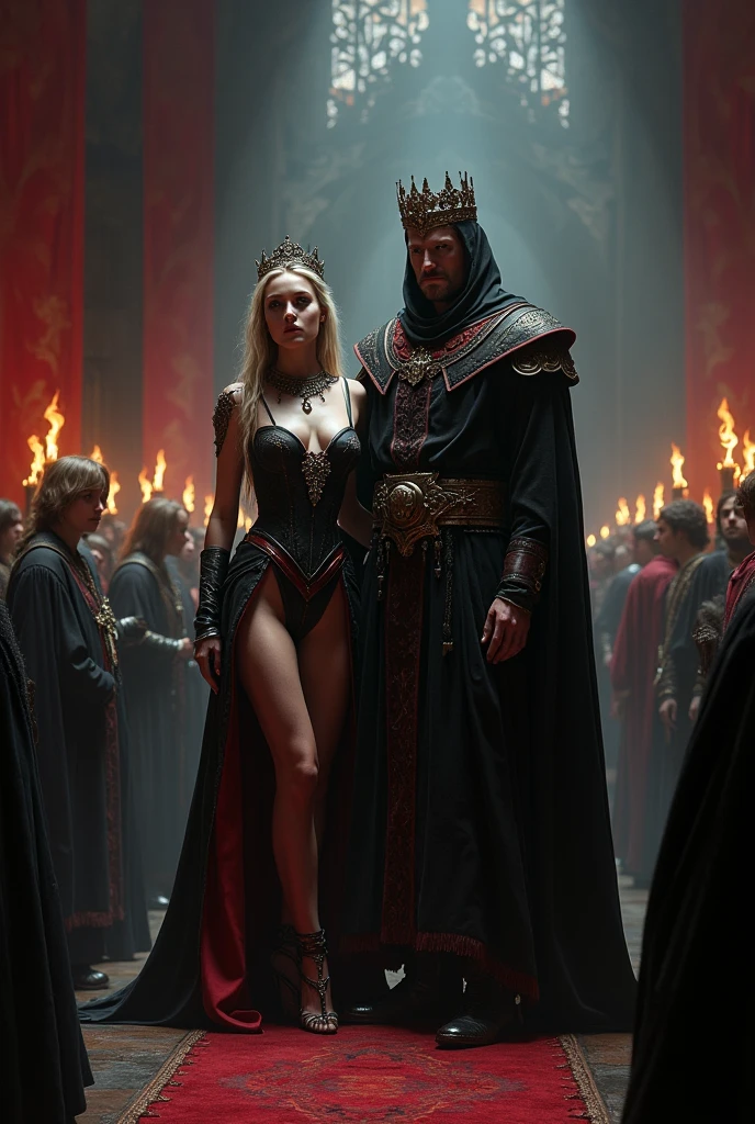 Lady Seraphina d’Aurelis, now transformed into a darker version of herself, stands beside Grim Havel during his coronation as the new king of her land. Seraphina's appearance has changed to reflect her new role—her is now very seductive and provocative, consisting of only loincloth and revealing gown in dark color symbolizing her acceptance of the dark path she has taken. her body now more curvaceous and sexually attractive.  Her once soft and gentle features now carry a cold, calculating expression, mirroring Havel's own. Her eyes, once filled with defiance and fear, now hold a sharp, steely resolve as she gazes upon the crowd. Havel, clad in regal black and crimson robes with a crown upon his head, exudes power and dominance as he accepts the throne. The background depicts a grand, shadowy throne room, filled with dark banners and flickering torches, emphasizing the foreboding atmosphere of the moment. The depiction should capture the dark fantasy Renaissance Era style, highlighting the sinister union of Seraphina and Havel as they claim the throne together.