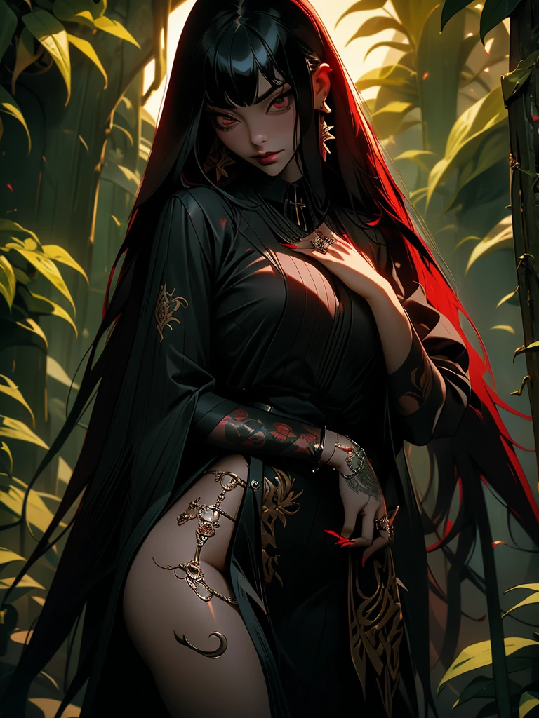 "In this visually striking piece of digital art、Journey into a world of fantasy and wonder。. A mysterious woman with long red hair and seductive black clothing stands in a lush forest。, Her body is、Adorned with intricate tattoos that seem to come to life in the bright sun。."
