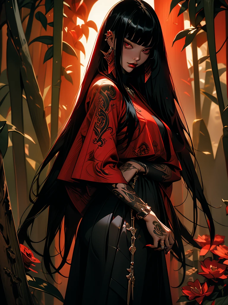 "In this visually striking piece of digital art、Journey into a world of fantasy and wonder。. A mysterious woman with long red hair and seductive black clothing stands in a lush forest。, Her body is、Adorned with intricate tattoos that seem to come to life in the bright sun。."