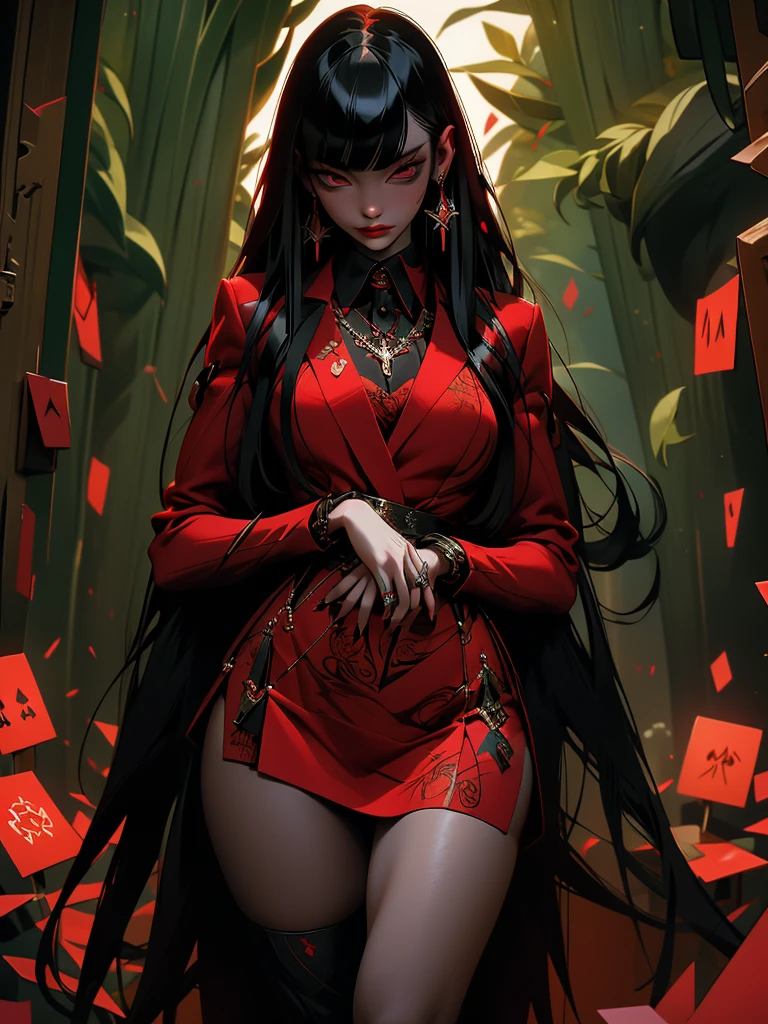 "In this visually striking piece of digital art、Journey into a world of fantasy and wonder。. A mysterious woman with long red hair and seductive black clothing stands in a lush forest。, Her body is、Adorned with intricate tattoos that seem to come to life in the bright sun。."