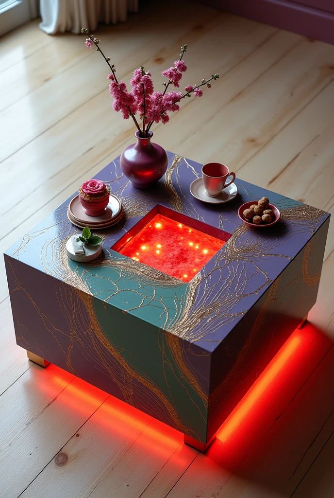 "Small square table, perfect for serving coffee, handcrafted with a two-way mirror cam surface that creates a stunning visual effect that resembles the interior of a coffee table as a decor accessory.. The table is completely covered with a layer of Decostucco material in shades of purple, lilac and warm green, interspersed with shiny gold stripes in the form of veins and intertwined lines exactly as in the picture, which gives a sense of luxury and distinction. The sides are completely covered with Decostucco without any visible gaps.. The table has a warm red LED light placed underneath it, which reflects onto the floor and adds a warm and cozy atmosphere.. The table is decorated with simple decorations such as golden swags, small flowers, a cake, nuts, a red rose, and a tea cup.. The table is placed on a light-coloured wooden floor to enhance the contrast between the luxurious design and modern colours, making it a distinctive piece of art in any room or living room.."