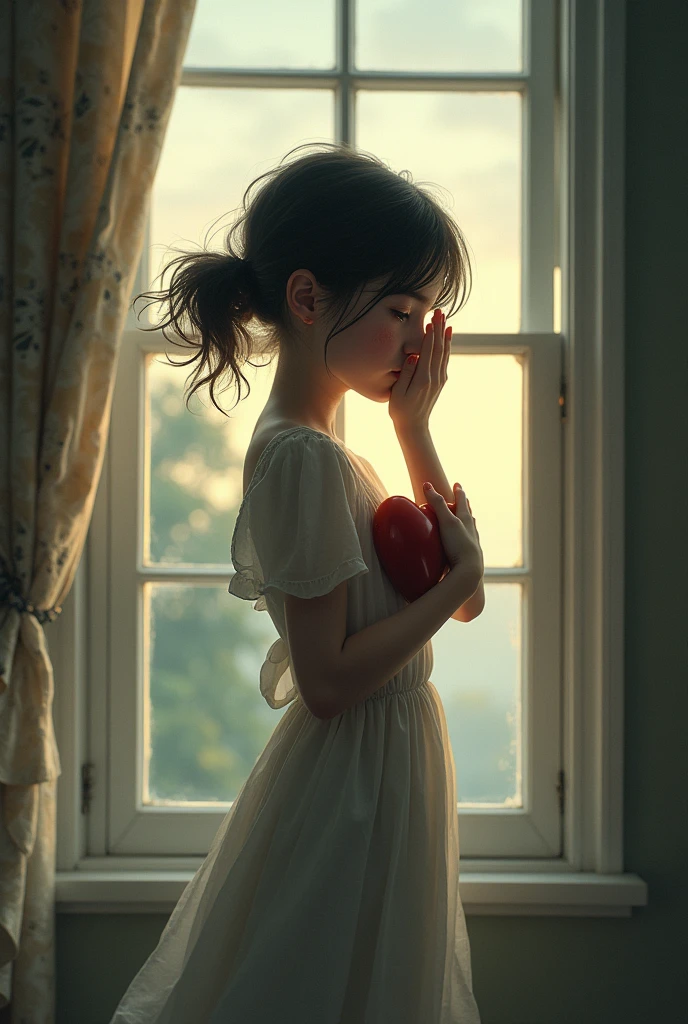 A girl standing at her room window. She is pale and looks slightly sickly.She is very beautiful and slim.The sky suddenly becomes brighter and nature shines.she is about to cry .She smiles slightly.Her look shows that she feels free for the first time. Freedom is an important element in the picture .she holds her heart and her face with her hands.her hair blows in the wind. You can still see the traces of tears 