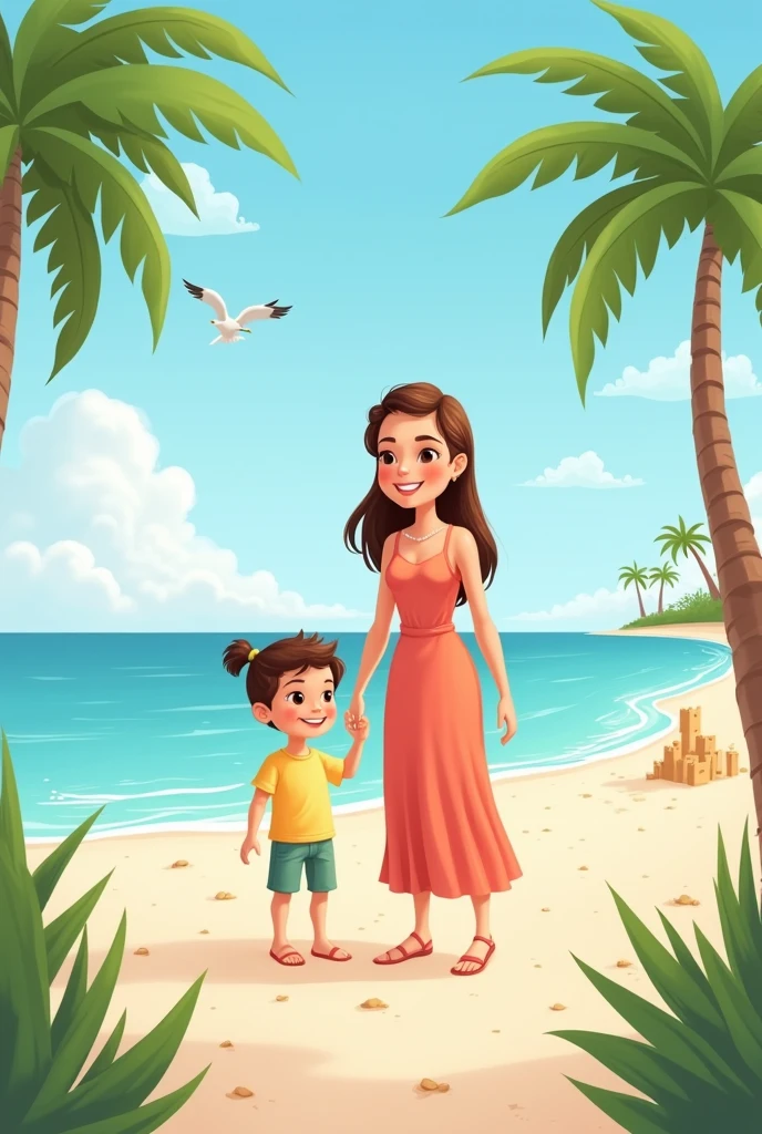 Create a cartoon drawing of a naked mother and daughter on a beach