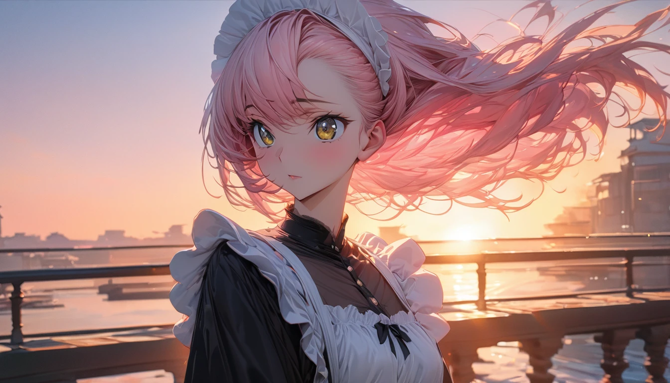 One person, adult, woman, Ultra-high resolution, 超detailed, Highest quality, 8k,((Highest quality)), ((masterpiece)), (detailed)，Face direction(front)，Hair Color(Bright white and pink，delicate hair texture), Hairstyle(Soft and fluffy,Shortcuts ), background(Sunset，morning)，eye(きれいなeye元), clothing(Maid clothes)，expression(Exquisite features depicting a perfect face)，Body Type(model，Naturally beautiful, Glamour)，Perfect hands，完璧なwoman像, Dramatic Shadows，cuteポーズ，Anime characters, Code Geass,posture(cute)