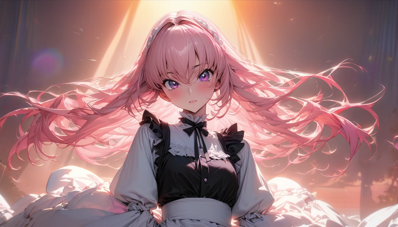 One person, adult, woman, Ultra-high resolution, 超detailed, Highest quality, 8k,((Highest quality)), ((masterpiece)), (detailed)，Face direction(front)，Hair Color(Bright white and pink，delicate hair texture), Hairstyle(Soft and fluffy,Shortcuts ), background(Sunset，morning)，eye(きれいなeye元), clothing(Maid clothes)，expression(Exquisite features depicting a perfect face)，Body Type(model，Naturally beautiful, Glamour)，Perfect hands，完璧なwoman像, Dramatic Shadows，cuteポーズ，Anime characters, Code Geass,posture(cute)