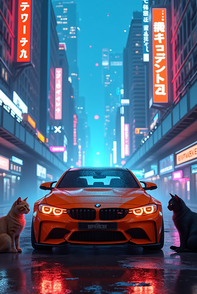 Orange bmw m4 competition and cats in cyberpunk neon city with blue and pin lights
