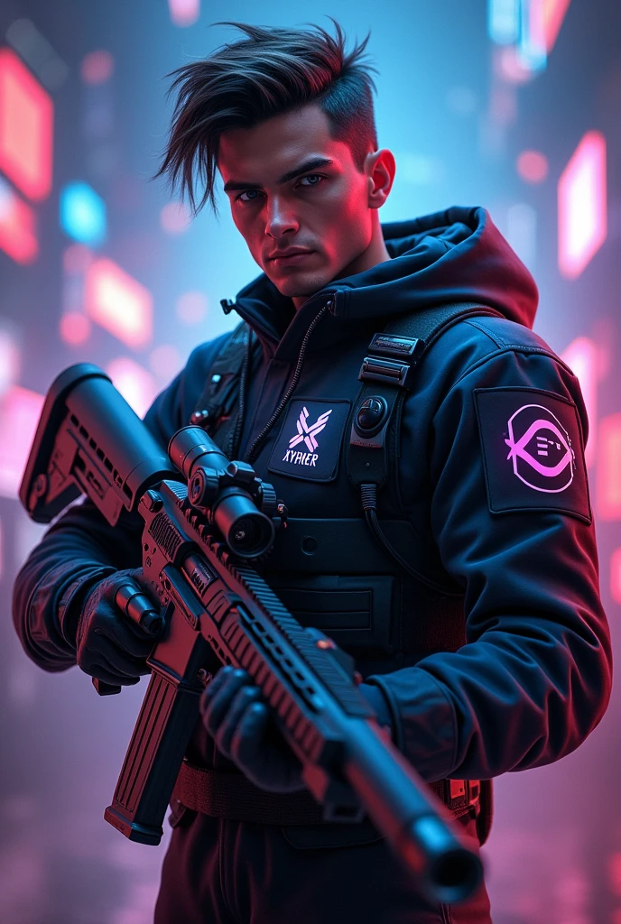 Here's a prompt for creating an image of Mafiax as a Sniper for Xypher Esports:
"Design an image of Mafiax as a sniper for Xypher Esports. Mafiax should be depicted in a sleek, futuristic tactical suit with Xypher Esports branding, including a logo on his chest or shoulder. He should be equipped with a high-tech sniper rifle and have a determined, focused expression. The background should feature a high-stakes esports arena or a virtual battlefield, highlighting the competitive nature of esports. Incorporate elements like glowing HUD displays or holographic targeting systems to emphasize the advanced technology theme."