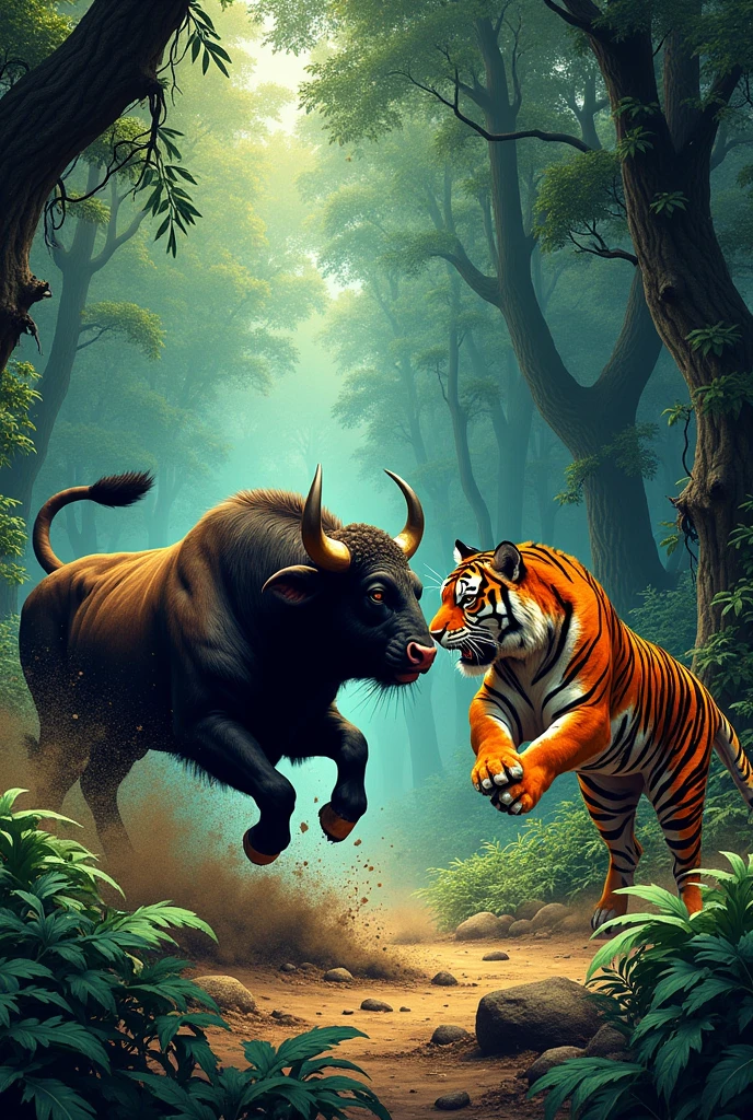 stippling image of bull fighting with tiger in forest