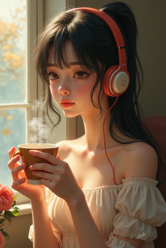 Girl holding a cup of tea while listening song on headphones and enjoying it