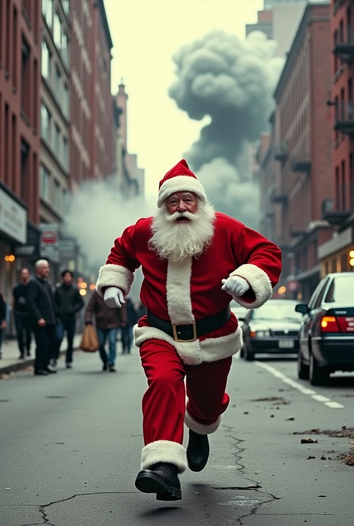 Santa Claus fleeing from an explosion in a street photo from 1991