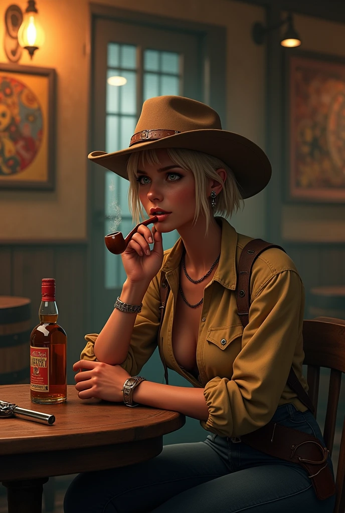 Short-haired female cowboy in a western saloon,blonde,Sitting,Smoking Pipes,table Wisky,piano,6-shot revolver,Barrel,table,Trump,Dust,artwork,3d,4K,detailed,Realistic 5D Vector: 【a: 0.3, c: 0.7, It is: 0.8, I: 0.6, M: 0.9】trick-art Multi-layer structure abstract