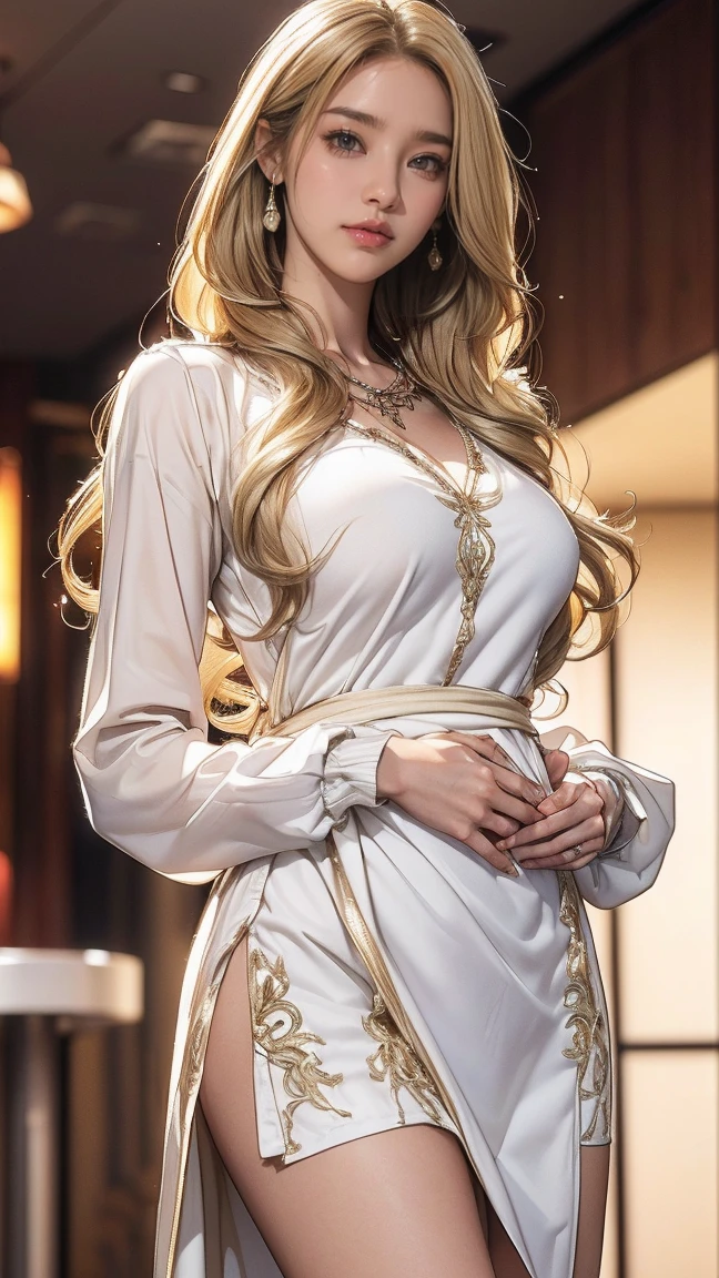 ((最high quality, 8k, masterpiece: 1.3, Ultra HD, high quality, 最high quality, High resolution, realism)) 、Two beautiful white women、Hair Color: Blonde、Blue Idium Hair、Straight hair、smile、A slim but well-proportioned muscular body,((Super long blonde hair_reaching down to her west:1.7)),((Hair with loose waves inside:1.3)),((gold necklace＿Large earrings:1.2)),((shy smile:1.4)),((mideum breasts:1.3)) ,((left hand on waist_right hand on groin:1.7)) ((Hotel reception background, Blurred Background:1.4)),((Flowing white mini dress decorated with intricate silver embroidery_long sleeve_Thin:1.3))