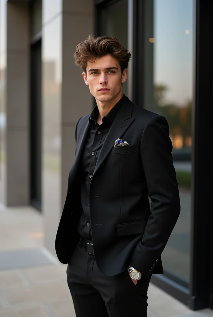 A man like shawn Mendes wearing black suit