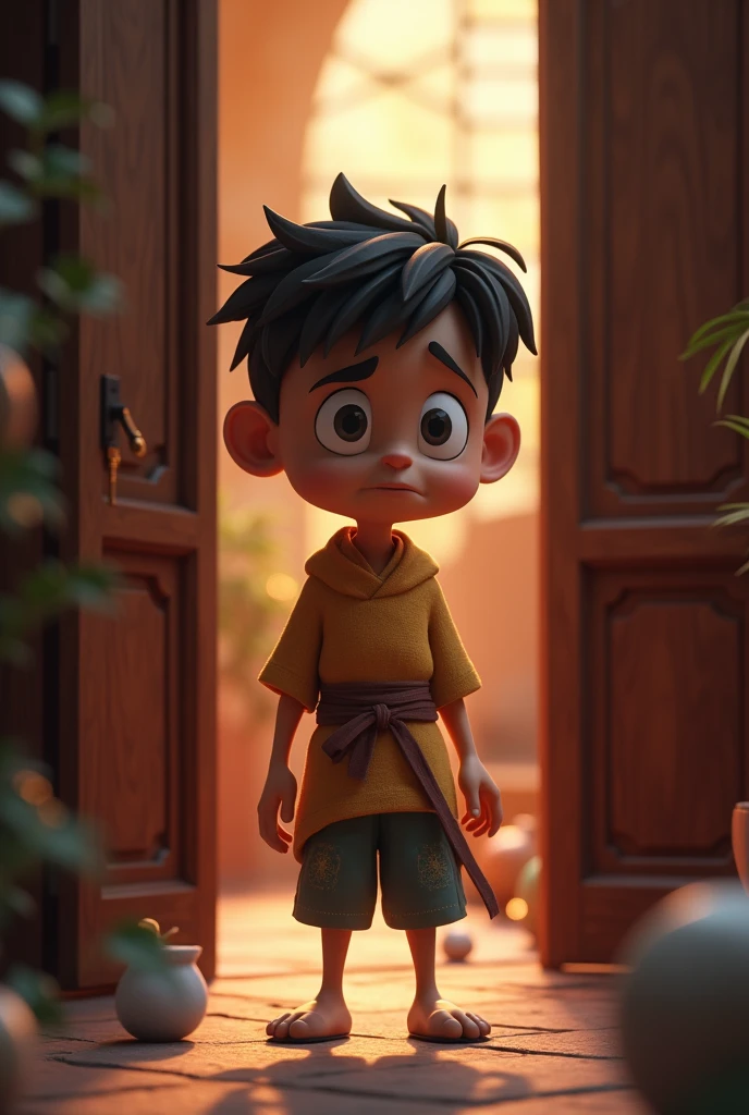 In cinematic 3D cartoon style "In one part of the image, illustrate Sehu, the servant who went to steal. Show him looking anxious or sneaky while attempting the theft. His capture and subsequent punishment should be subtle and not overly graphic; focus on the emotional weight rather than violence."
