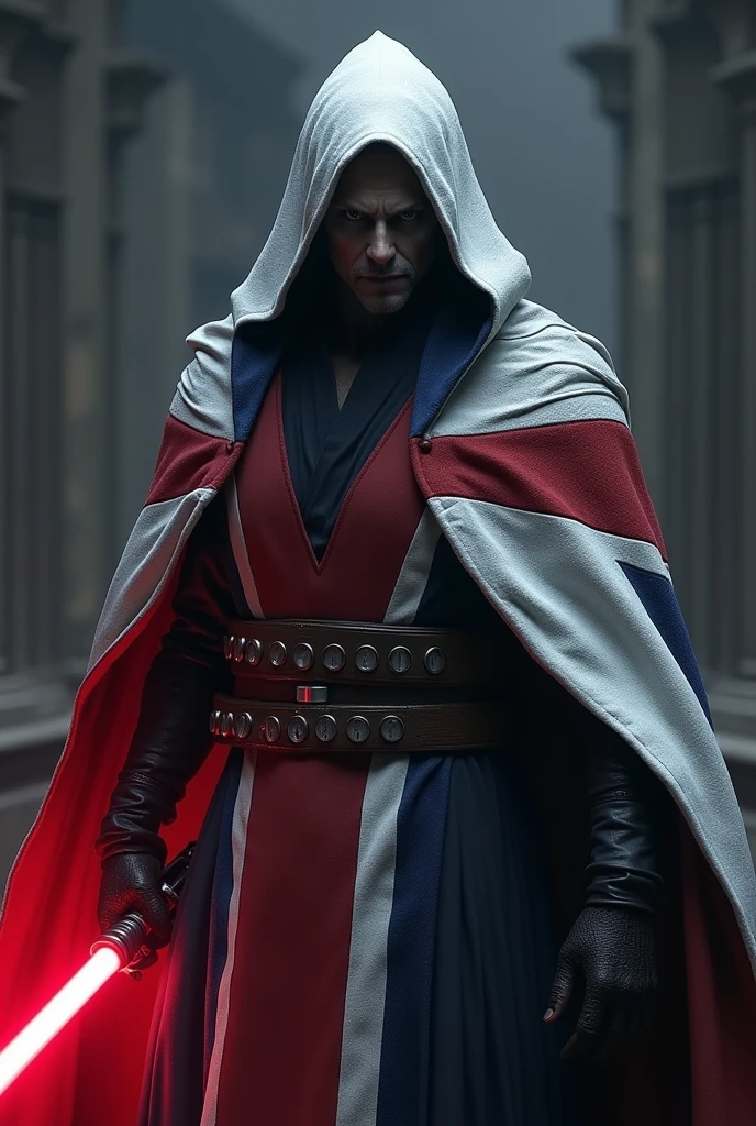 The country united kingdom as a Sith Lord from Star Wars, Cross on Cape, angular gray face, Cape colors white, darkblue and red, red lightsaber, scary, frightening, ultra-realistic