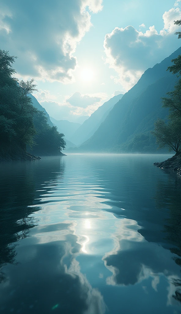 (masterpiece:1.2,best quality,Ultra-high resolution,Very detailed,Practical,RAW photos:1.2,Carefully crafted photos),8K,wallpaper,(Ray Tracing),Japan,(Majestic river,Beautiful water surface,Diffuse reflection of light),A photo showing the movement of clouds and water,