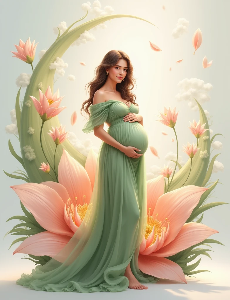 pregnant woman in green dress standing in a large flower, digital art inspired by Igor Kieryluk, trending on cg society, digital art, maternal photography 4 k, perky woman made of petals, pregnant belly, stunning elegant pose, flower goddess, lady with glowing flowers green dress, maternity feeling, red dressed in a flower dress, photo manipulation, beautiful and graceful, pregnant, leaf green flowing in air, some cloudy effect in ground , green dress 