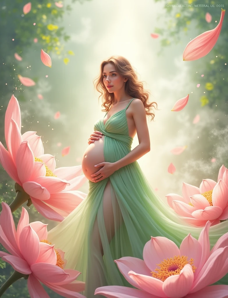 pregnant woman in green dress standing in a large flower, digital art inspired by Igor Kieryluk, trending on cg society, digital art, maternal photography 4 k, perky woman made of petals, pregnant belly, stunning elegant pose, flower goddess, lady with glowing flowers green dress, maternity feeling, red dressed in a flower dress, photo manipulation, beautiful and graceful, pregnant, leaf green flowing in air, some cloudy effect in ground , green dress 