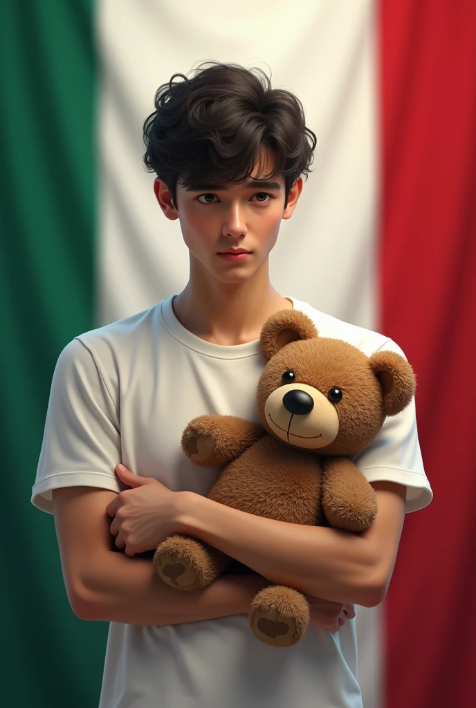 Tall, thin young man with black hair and brown eyes dressed in white with a teddy bear in his hands against a background of the Mexican flag
