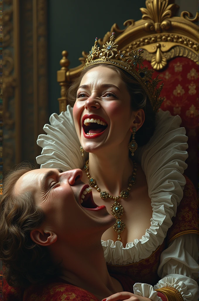 European queen deranged laughing , seeing rival queens head on a pike