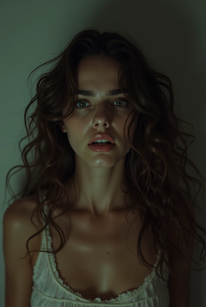 (photorealism:1.2), woman fearing sex, long curly hair, indoors,