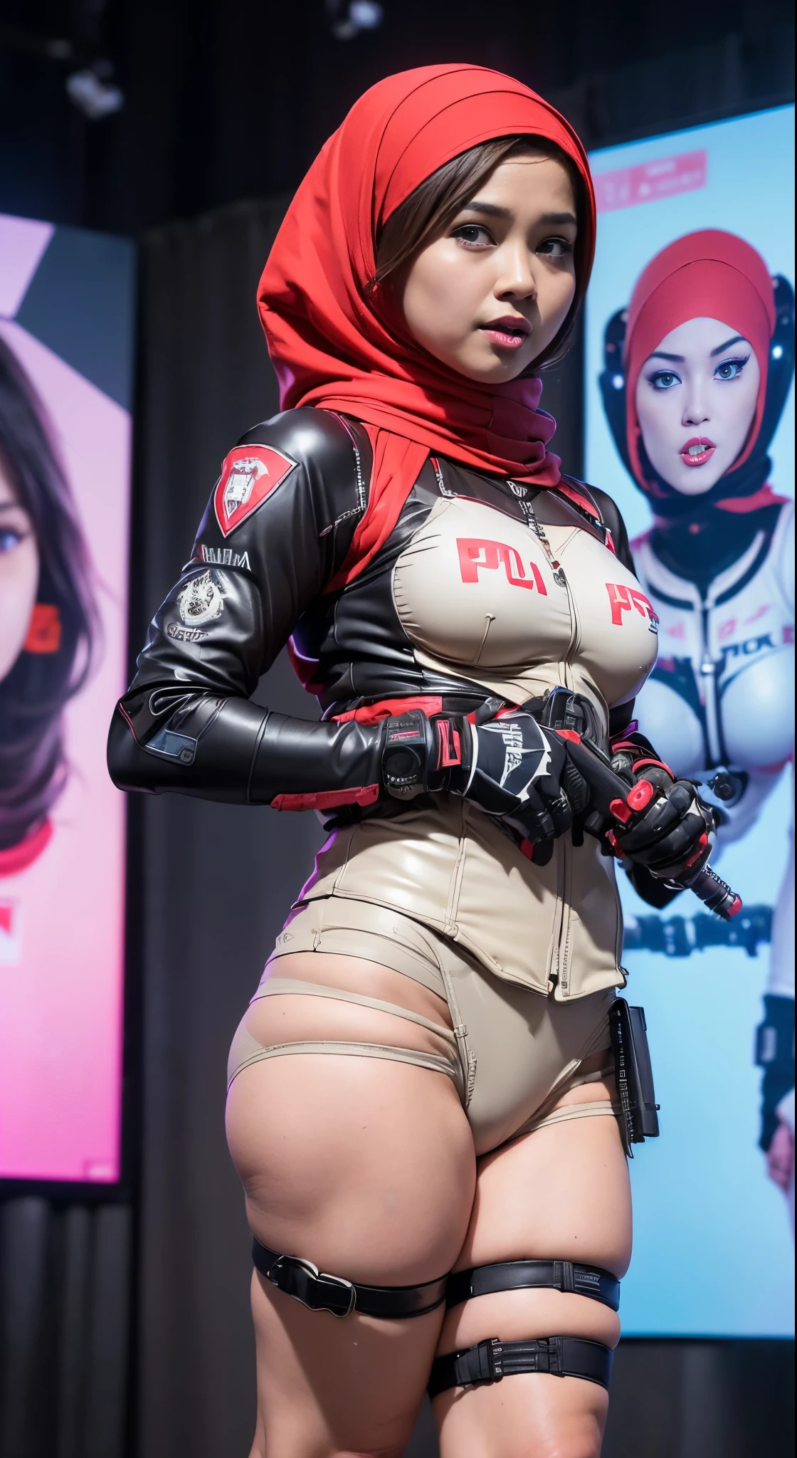 (Malay Hijab girl), Very cute and baby-like face, Power puff girl, Naked, Angry pose, Angry face, (((BROWN HAIR MALAY GIRL))), masutepiece, High quality, UHD 45K, Realistic face, Realistic skin feeling , A Japanese Lady, , , Very cute and baby-like face, (((FLAT CHEST))), ((VISIBLE CLEAVAGE)), (MATRIX WORLD), ((look In front at the camera and SADNESS)), with Kamen Rider fashion, (((Cloths colors based on red silver pink black)), captured in ultra high resolution with photorealistic and beautiful lighting. (((CUTE GIRL))), ((RED LIPS)), ((NUDE)), ((CHUBBY)), ((((WEARING FUTURISTIK POLICE RACING SUITS, LOW MINISKIRT, POLICE WAPPEN, HIGh-TECH HIJAB, MILITERY GUN-CORSET, RACING GLOVES, MACHINEGUN)), ((SHOOTING FROM BELOW)), ((VISIBLE PANTIES)). Malay girl wearing red black Mechanical costume girl in (background, backstrage).