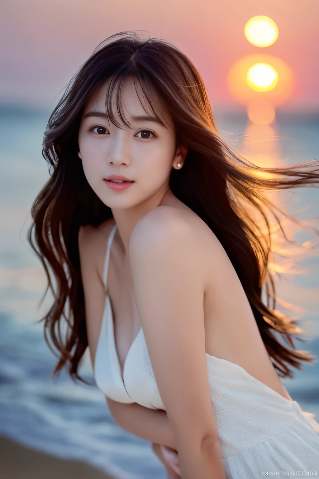 Create a high-quality, hyper-realistic portrait of a very beautiful Japanese idol. She is wearing a clean white summer dress and is squatting on the beach during sunset at sea. The deep indigo of the night sky contrasts with the last vestiges of crimson near the horizon, with swaying waves in the background. The girl has semi-long hair and a slender body with small breasts. The photo should capture her with detailed eyes, a detailed face, and a beautiful, sophisticated nose. The image should have a realistic, delicate, and finely detailed quality, suitable for a fashion magazine cover. Use cinema lighting and soft light to enhance her features. Ensure the photo is of the highest quality, with a resolution of 8K, making it perfect for a 2K wallpaper.