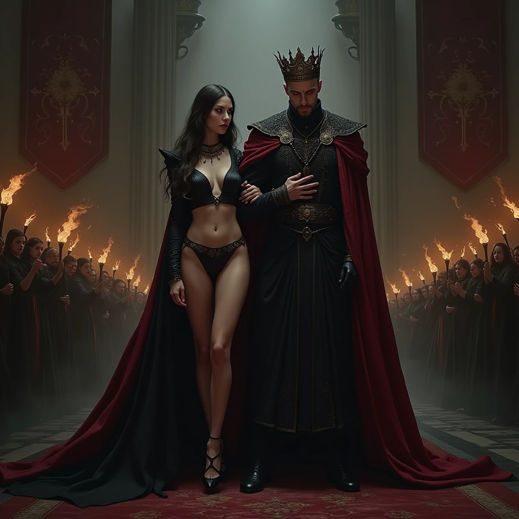 Lady Seraphina d’Aurelis, now transformed into a darker version of herself, stands beside Grim Havel during his coronation as the new king of her land. Seraphina's appearance has changed to reflect her new role—her is now very seductive and provocative, consisting of only loincloth and revealing gown in dark color symbolizing her acceptance of the dark path she has taken. her body now more curvaceous and sexually attractive. Her once soft and gentle features now carry a cold, calculating expression, mirroring Havel's own. Her eyes, once filled with defiance and fear, now hold a sharp, steely resolve as she gazes upon the crowd. Havel, clad in regal black and crimson robes with a crown upon his head, exudes power and dominance as he accepts the throne. The background depicts a grand, shadowy throne room, filled with dark banners and flickering torches, emphasizing the foreboding atmosphere of the moment. The depiction should capture the dark fantasy Renaissance Era style, highlighting the sinister union of Seraphina and Havel as they claim the throne together.