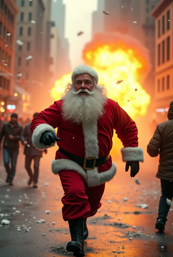 Santa Claus fleeing from an explosion in the street