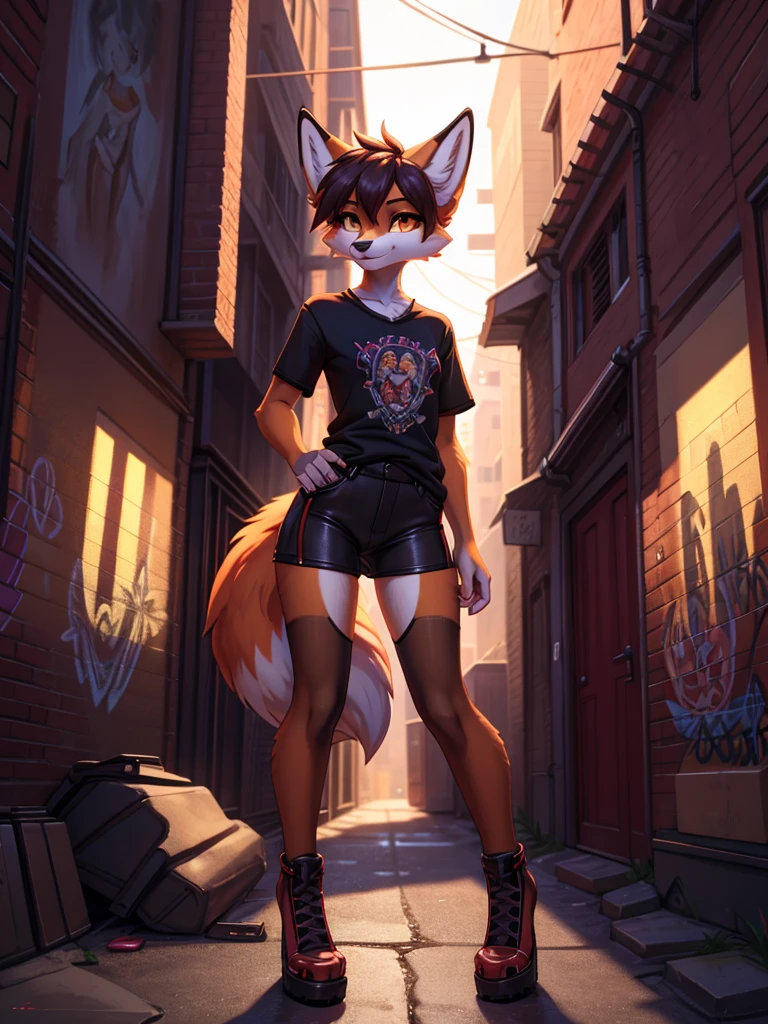 Beautiful, (masterpiece), high quality, perfect lighting, Highly detailed CG Unity 8k wallpaper, High resolution, perfect lighting, youthful, tall, slim, skinny, frail slender figure, slim legs, distinctly feminine figure, narrow hips, long legs, huge plump breasts, Anthropomorphic fox character, CG Unity, youthful, tall, slim, beautiful feminine figure, narrow hips, fluffy fuzzy volumetric fiery red fur, wearing a bold, eclectic outfit—vintage band tee, sexy pantyhose, short choppy hair with one side shaved, playful smirk, bright amber eyes staring directly into the lens, her hands cupping her cheeks as she leans forward, tail flicking with mischievous energy, graffiti-covered alley in the background, cheeky and captivating, drawing the viewer into her playful world.