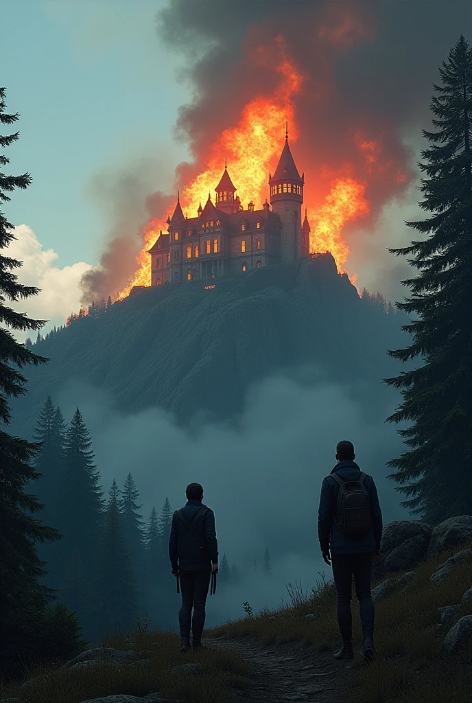 The image of a huge mansion is seen in the distance in the background, a slightly dark blue sky, the mansion is in the forest, on top of a mountain. It's on fire, the whole place is under fire, digital drawing of video game characters, digital realism