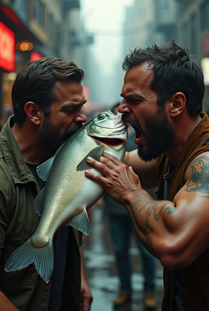(Photorealism:1.2), A man who hits another man in the face with a fish
