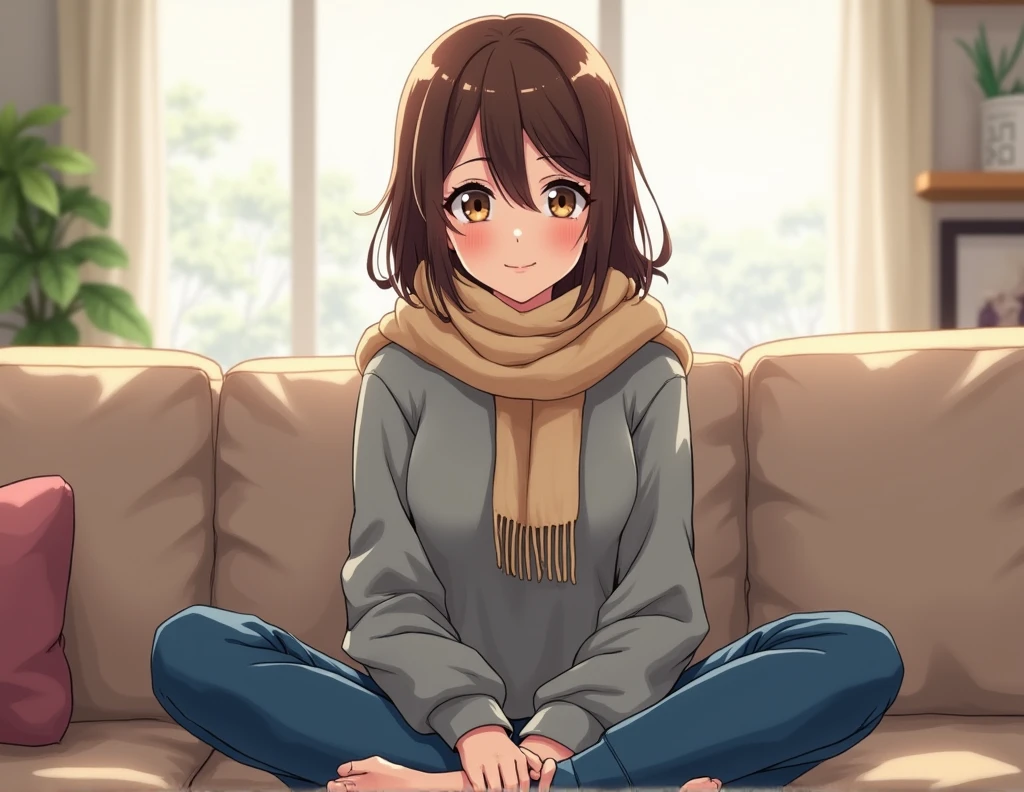 bell, Japanese cartoons, Brown hair, Medium breasts, Brown eyes, A faint smile, jeans, scarf, Grey sweatshirt, Blue pants, sit, Cross-legged, Inside the smart home, sit on the couch, Asada Shino's face, Japanese cartoons Sword Art Online, best quality