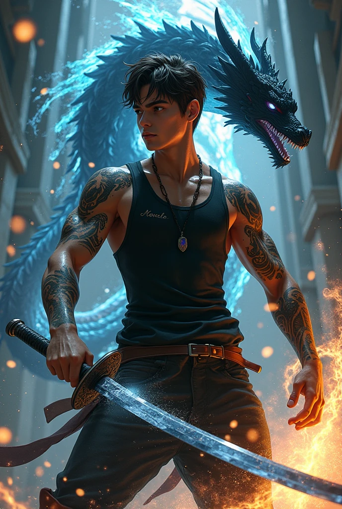 Young man with dark skin and defined brown hair wearing a tight black American tank top with tattoos all over his body , with the name Marcelo on the chest , holding a magical black legendary katana , a black magic dragon at his rear , and a burst of water magic and flames around