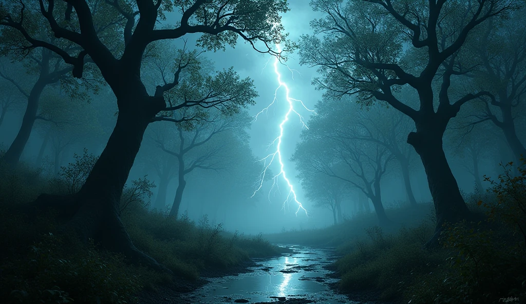 A dramatic scene of a storm over the forest, with lightning briefly illuminating the dark landscape. The trees are whipped by the wind, and leaves and branches fly through the air. In floor, the water starts to form puddles, reflecting the lightning. The storm seems almost supernatural, as if it were a manifestation of the forest&#39;s own curse.