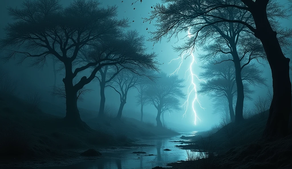 A dramatic scene of a storm over the forest, with lightning briefly illuminating the dark landscape. The trees are whipped by the wind, and leaves and branches fly through the air. In floor, the water starts to form puddles, reflecting the lightning. The storm seems almost supernatural, as if it were a manifestation of the forest&#39;s own curse.