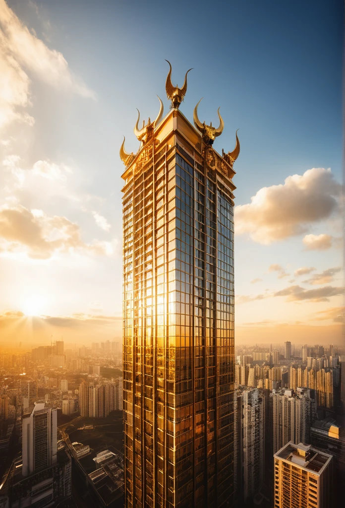 Double exposure: 1.5, very detailed detail_Devil on high rise building sky lounge with warm white and golden light, masterpiece, realistic high resolution stock photo,