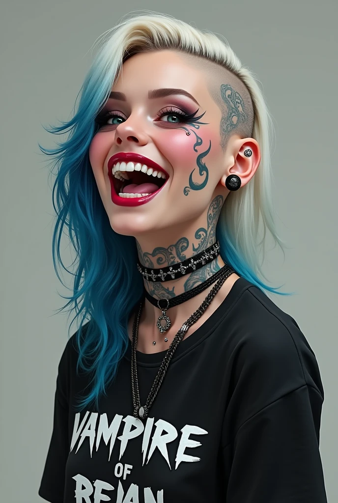 
A semi-realistic digital portrait of a punk-styled female character with long platinum-blonde hair, featuring dark roots and blue streaks. She has a shaved undercut on one side and wears multiple facial piercings, including a septum ring, snake bites, and large black plugs in her stretched earlobes. The character also has intricate face tattoos and bold eye makeup. Her expression is joyful, revealing sharp vampire-like fangs in a wide smile. She wears a black gothic band t-shirt