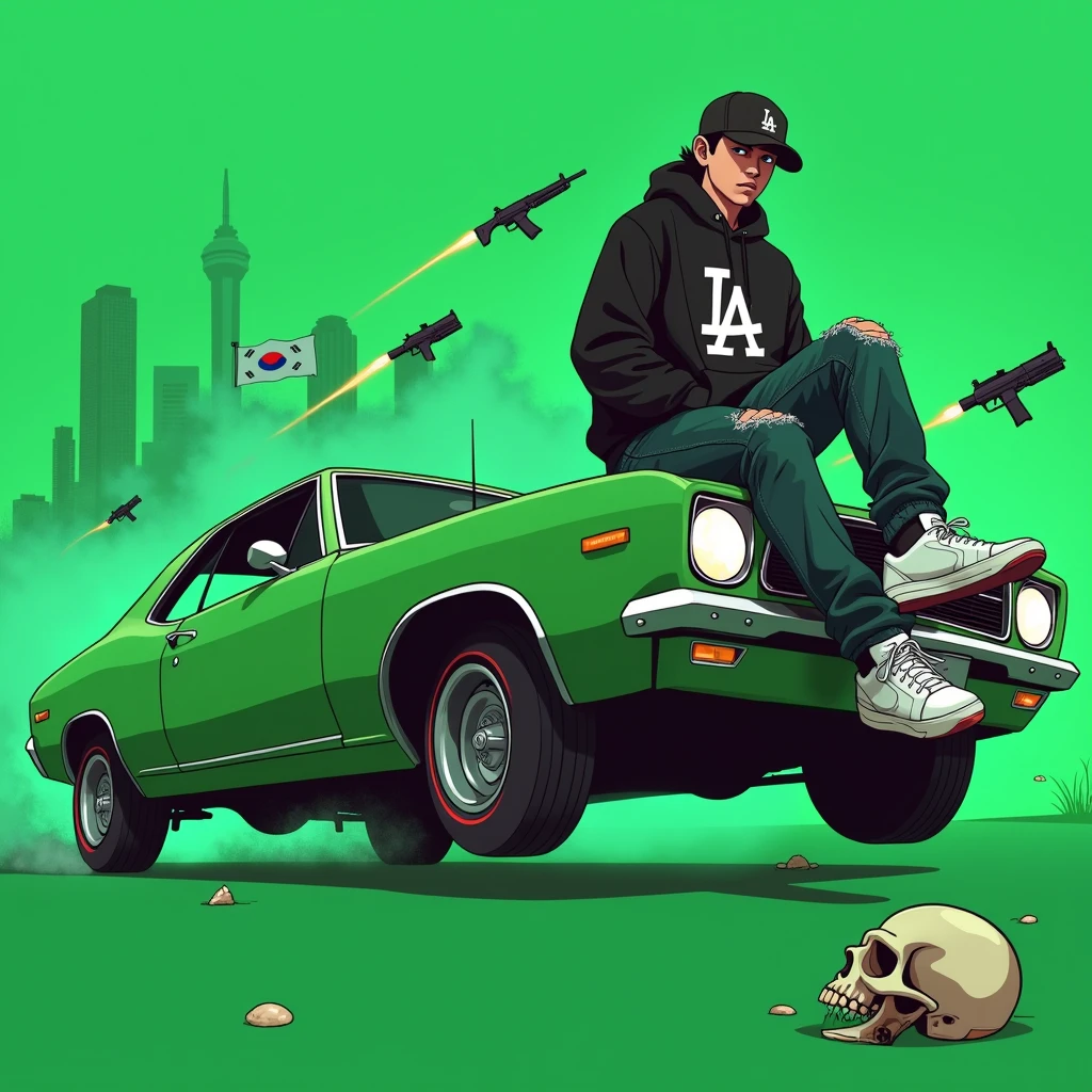 Image of a man sitting on the bonnet of a car, Yoshihiko Wada&#39;s album cover, winner of the behance contest, Doodle, official artwork, rap album cover, hip - hop album art cover, colored album art, hip hop music album cover, rap album cover art, official fanart, GTA Cover, hip hop album cover, album art cover, Cartoon character, oriental boy, Running car, Green background, green tea, Deep pressed black LA ball cap, white nike shoes, Black LA Hoodie, Baggy jeans worn down, black neighborhood, Skull, drug, The city seen from behind, korean, white smoke, Headlight light, Troublemakers, Bad boy, Lots of bullets and guns flying around, picture, Korean flag, Web toon