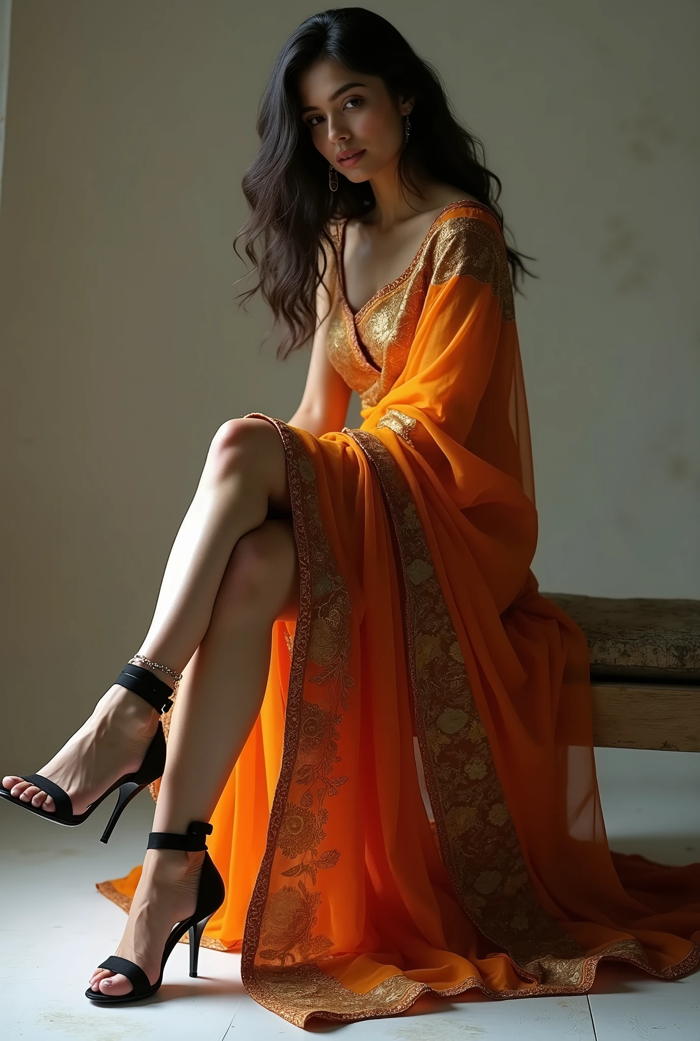 Girl showing her toes, feet and legs with black strap high heel wearing a saree - full body shot