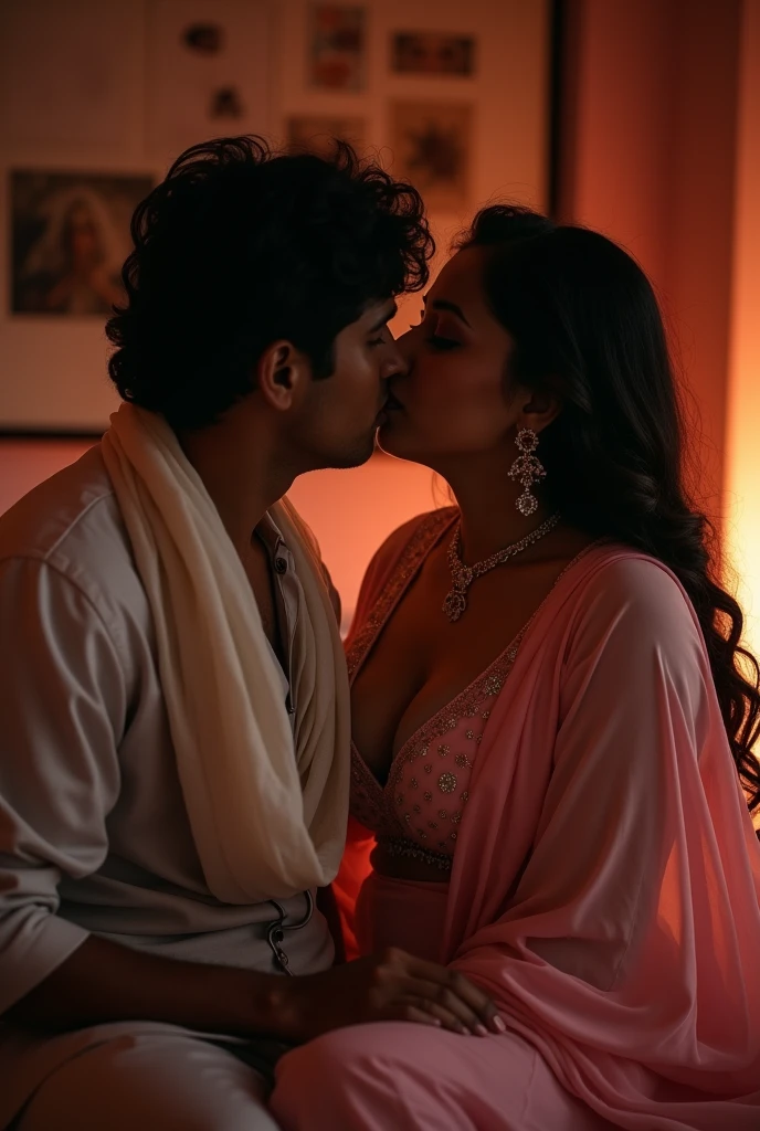 Photo of a Voluptuous Mature Indian Aunty, wearing tight Pink Kurti and White Stole tied around her neck, Wide U Cut cleavage, Showing huge cleavage, sitting on bed, turning her head and kissing a Young Man, Dim light in the room.