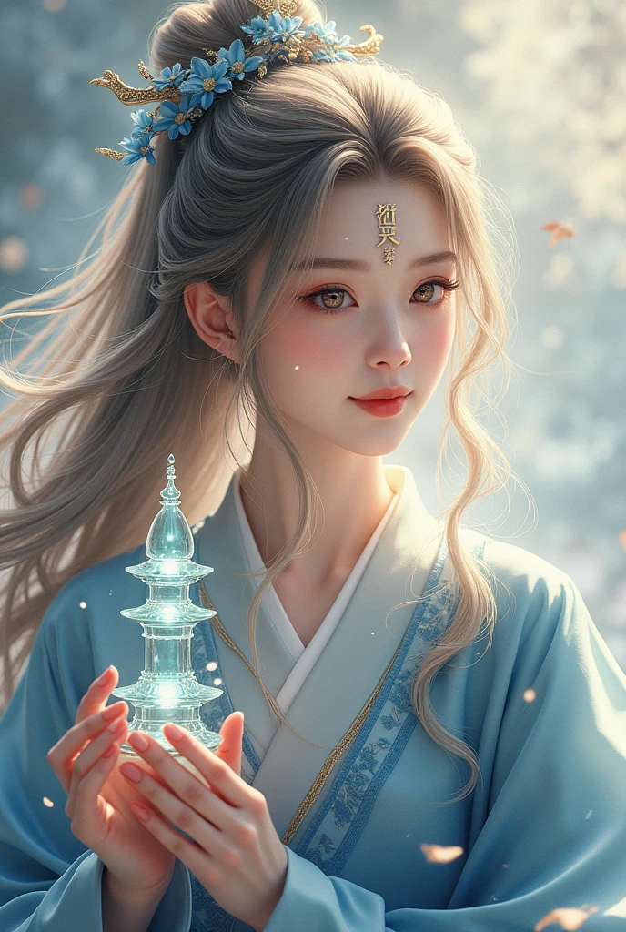 Most beautiful  xianxia female protagonist,girl,light brown dominant and silver strand long hair ,golden amber eyes,use majestic garmen with blue fillamen,silver pattern clothes,face detailed,lips detailed,thin red lips,golden rune scratch at fore head, and held 9 floor glasses pagoda ,forehead detailed,better quality, masterpiece,24K ultra hd,super beautiful detail,goddess featuring