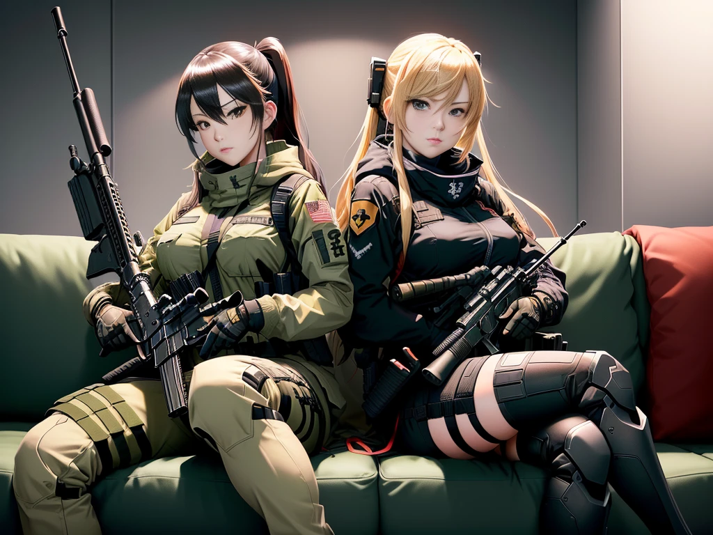 Cartoon characters with guns and rifles sitting on sofa, Amazing anime 8k, M4 Sopmod II Girls Frontline, With a rifle, Quiet from Metal Gear Solid v, Quiet from Metal Gear Solid, Fascinating anime, Renji Murata and Artgerm, 4k anime wallpaper, Highly detailed art gems, Best anime 4k konachan wallpaper