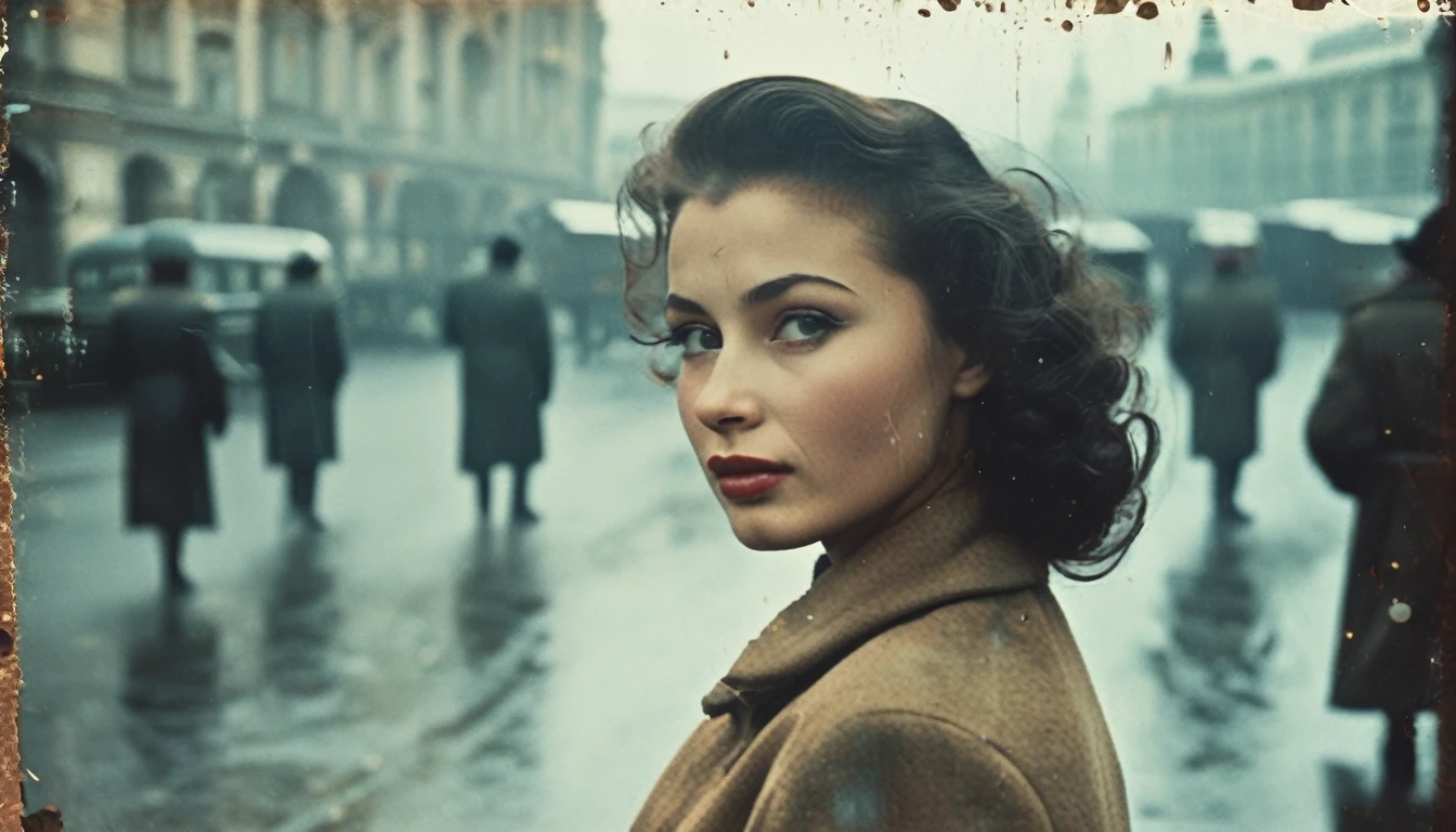 8k , Best Quality, Masterpiece, Ultra high Resolution, (((ultra realistic))), (((photographic grade))), 1950's, ultra realistic image, Moscow downtown street, vintage 35mm street photography of a beautiful russian woman on a street, beautiful face, detailed face, analog photography, soviet era, rainy
