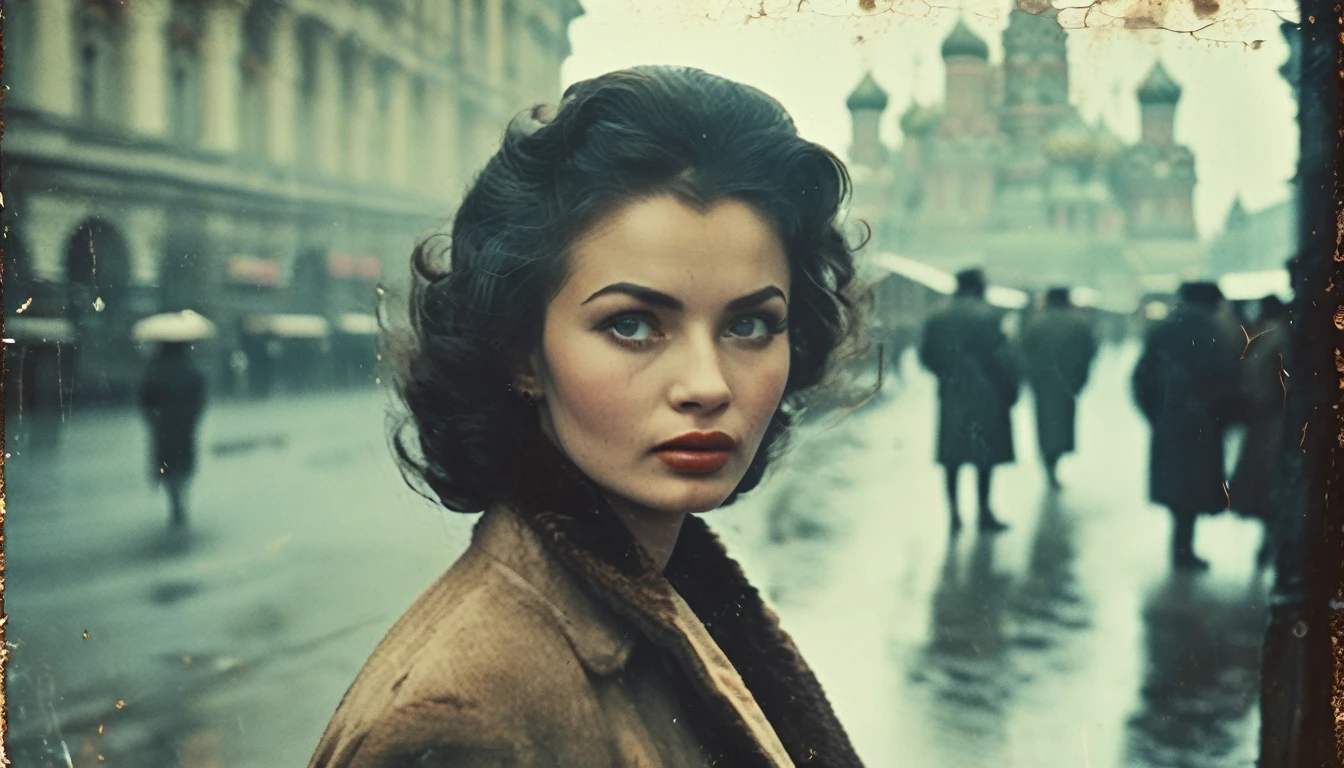 8k , Best Quality, Masterpiece, Ultra high Resolution, (((ultra realistic))), (((photographic grade))), 1950's, ultra realistic image, Moscow downtown street, vintage 35mm street photography of a beautiful russian woman on a street, beautiful face, detailed face, analog photography, soviet era, rainy