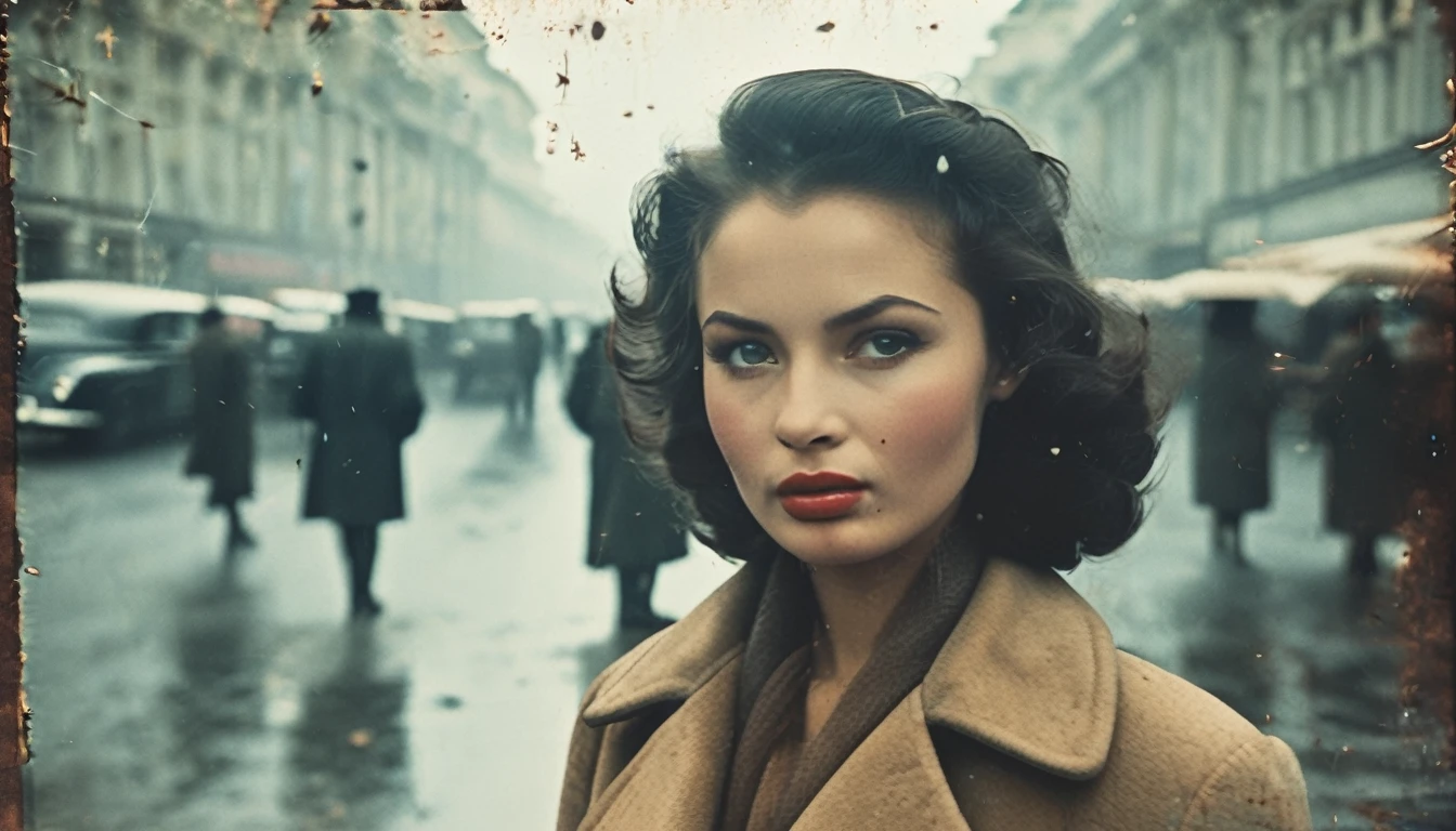 8k , Best Quality, Masterpiece, Ultra high Resolution, (((ultra realistic))), (((photographic grade))), 1950's, ultra realistic image, Moscow downtown street, vintage 35mm street photography of a beautiful russian woman on a street, beautiful face, detailed face, analog photography, soviet era, rainy