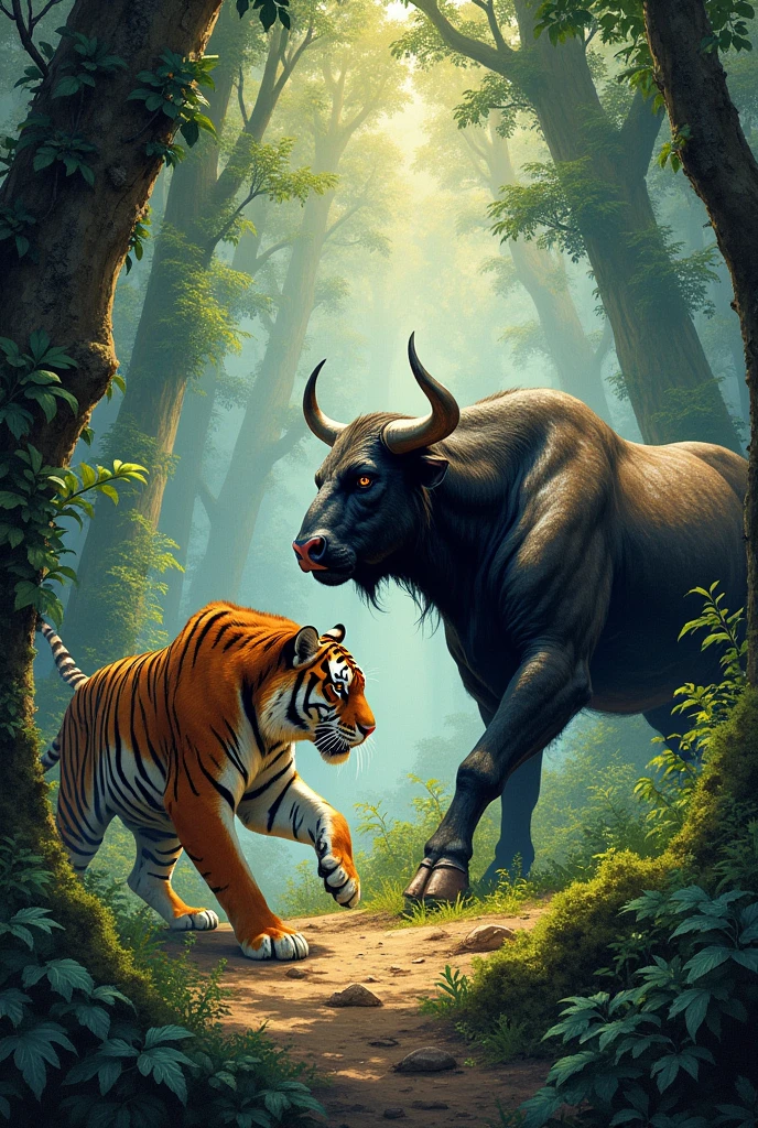 stippling image of javanese bull fighting with tiger in forest