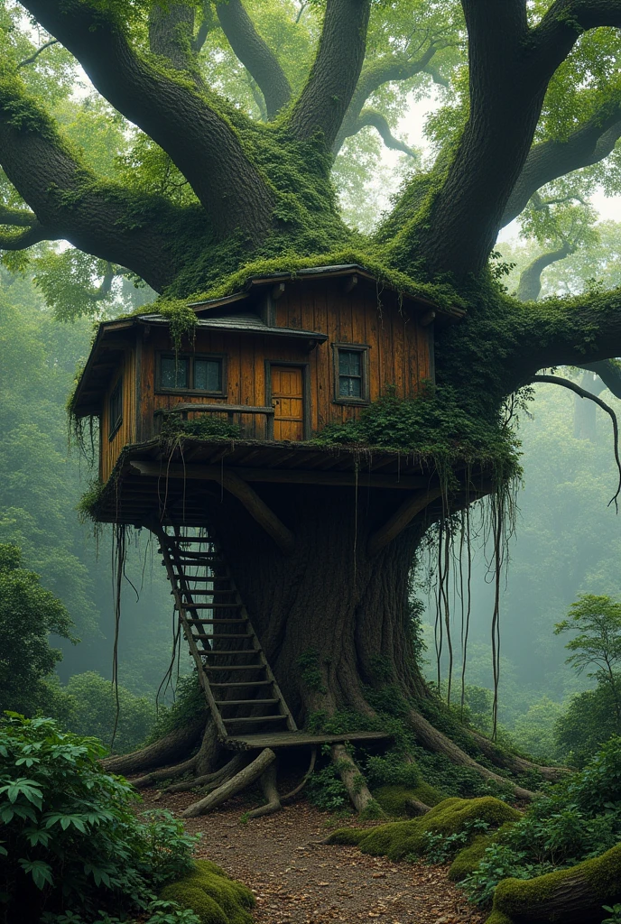 As they ventured deeper into the forest, they stumbled upon a massive oak tree with an old, weathered treehouse nestled in its branches.The treehouse was covered in vines and moss, giving it an ancient, mysterious look. A wooden ladder, slightly creaky but sturdy, led up to the entrance.